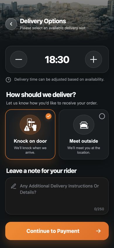 DoDelivery Delivery Options screen with delivery time and doorstep preferences