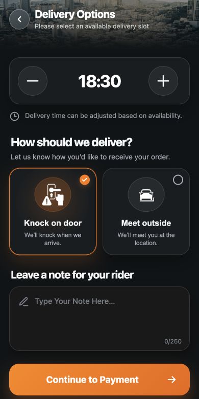 DoDelivery Delivery Options screen with delivery time and doorstep preferences