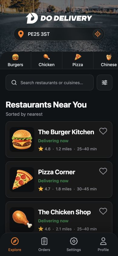 DoDelivery Explore screen with food categories and restaurants