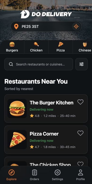 DoDelivery Explore screen with food categories and restaurants