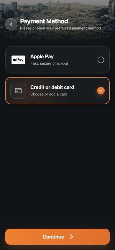 DoDelivery Payment Method screen with Apple Pay and debit or credit card options