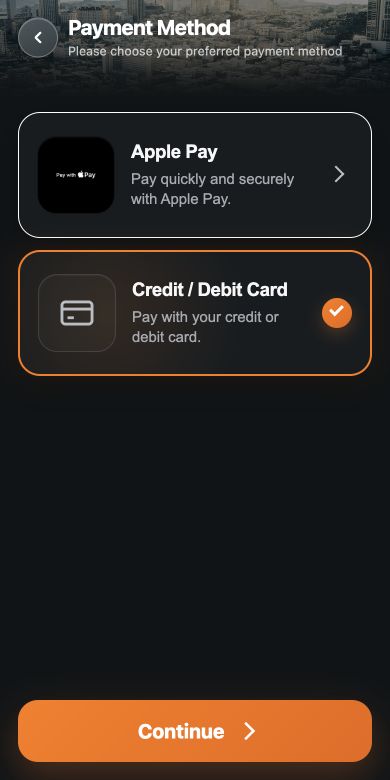 DoDelivery Payment Method screen with Apple Pay and debit or credit card options